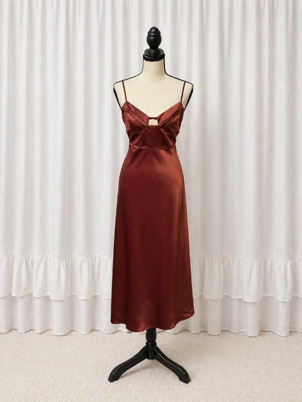 Anthropologie Rust Satin Midi Dress Cutout Strappy Size 4 M Wedding Guest